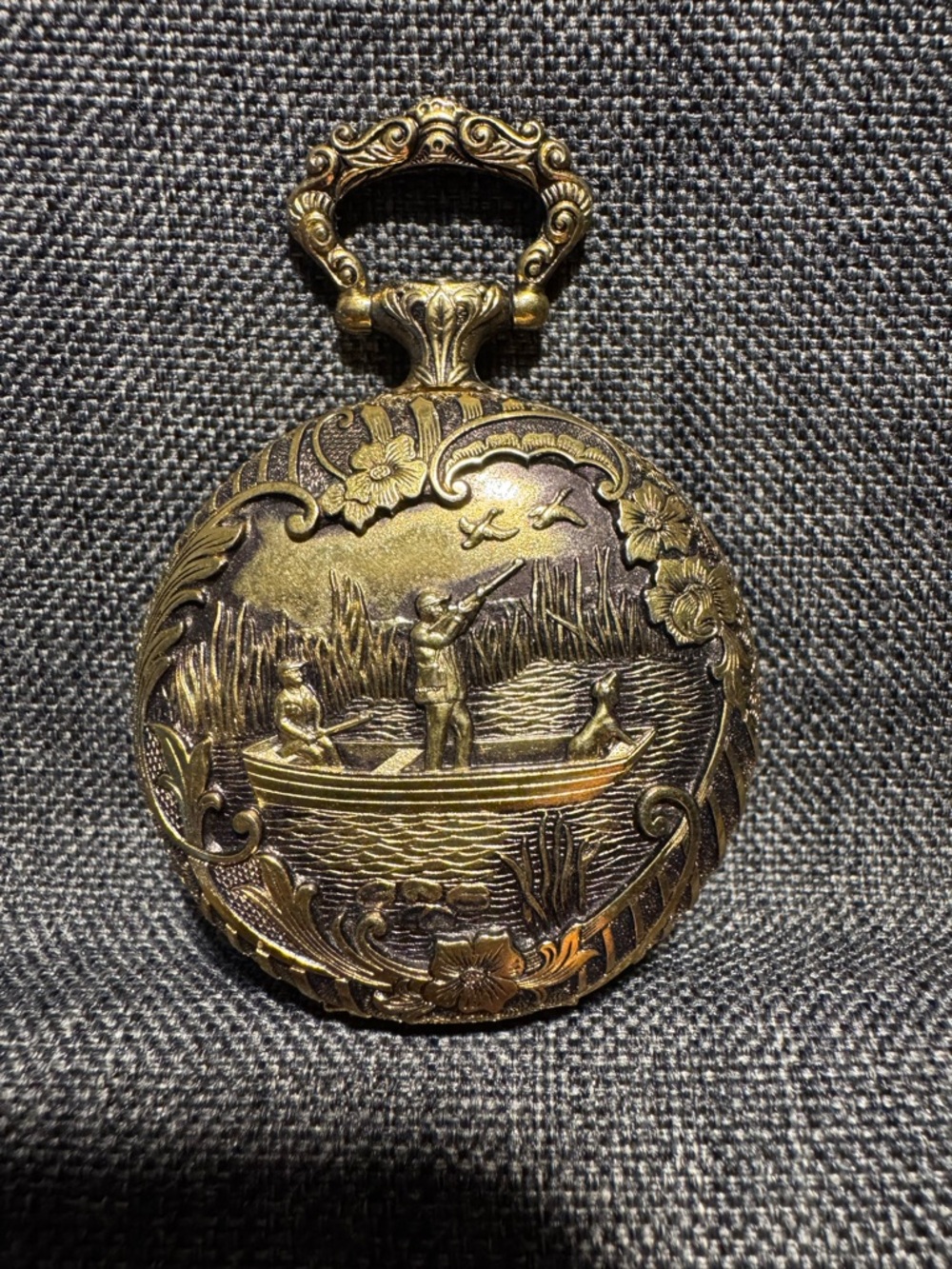 Vintage Colbri Quartz Gold tone Pocket Watch Holder With Duck Hunting Engraved